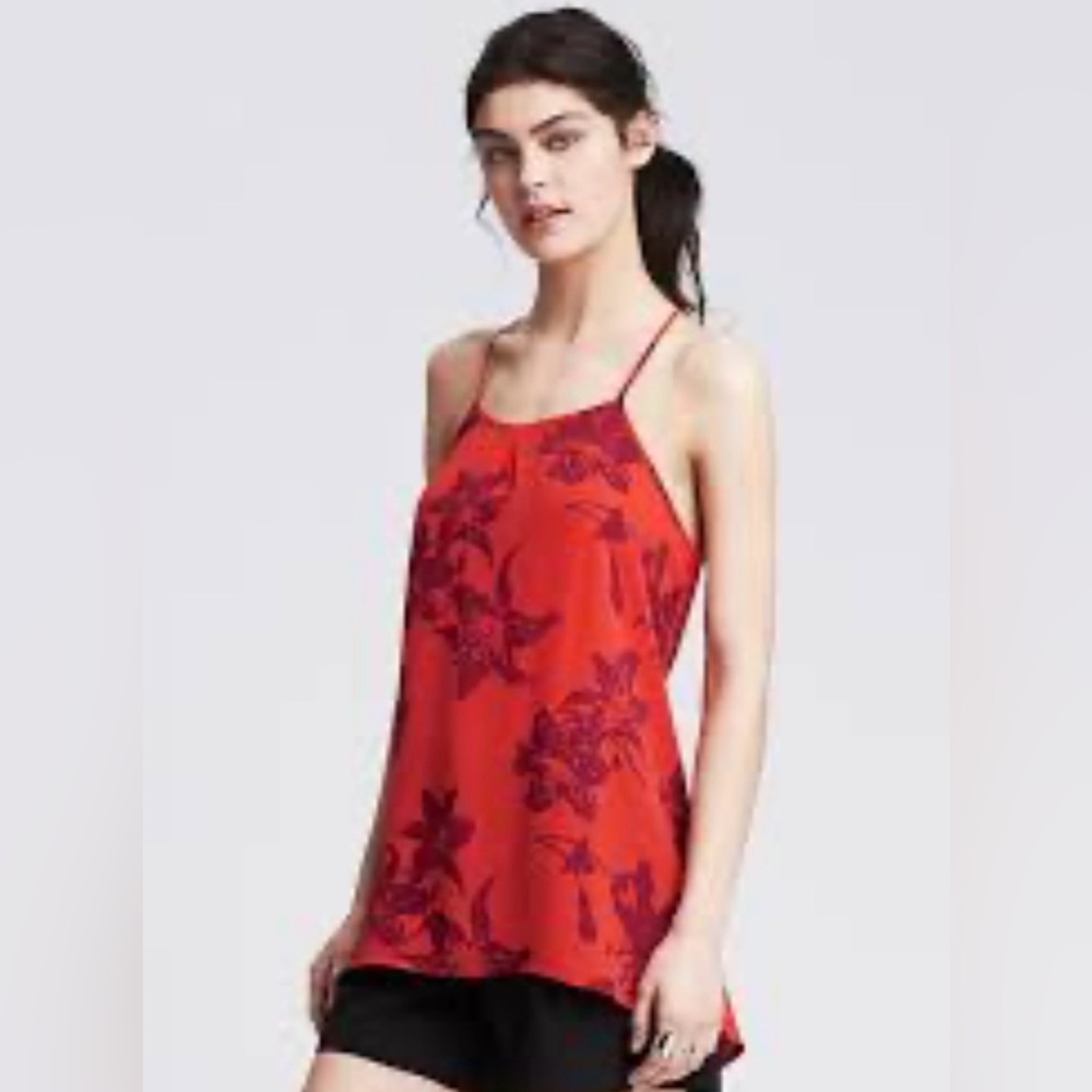 Banana Republic Tank Top Cami Blouse Bright Orange/Red W/ Purple Print SIZE S